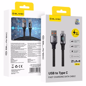 Кабель Blavec Zumi плетёный USB — Type C QC 30W 3A LCD дисплей 1 м Apple CarPlay/Android Auto (CZU-UC3B10) чёрный