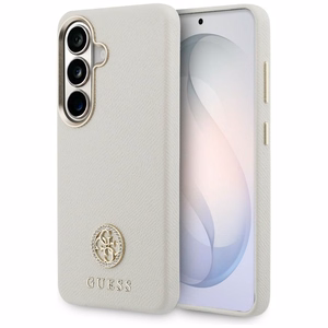 Guess dėklas Rhinestone Round Logo MagSafe skirtas Samsung Galaxy S26 smėlio spalvos