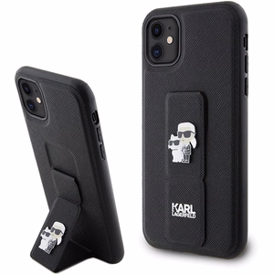 Karl Lagerfeld Gripstand Saffiano Karl&Choupette Pins dėklas telefonui iPhone 11 / Xr - juodas
