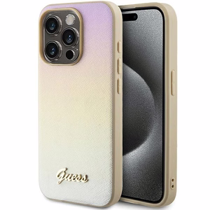 Guess Saffiano Iridescent Script dėklas iPhone 14 Pro - auksinis