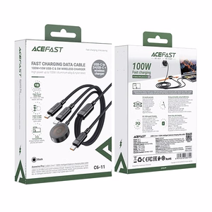 Acefast C6-11 USB-C кабель 3в1 — 2x USB-C / Qi 480Mb/s 100W 1.2м — чёрный