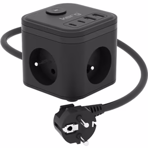 KERG 3 lizdų maitinimo kubas + greitas įkroviklis USB-A+USB-C 1.5m 3×1.5mm2 H05VV-F 16A/250V~ Smart juodas