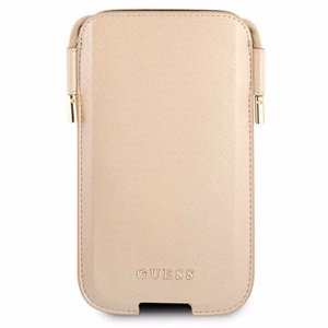Guess Saffiano Pouch telefono rankinė, S / M dydžio, telefonams iki 6.1", aukso spalvos