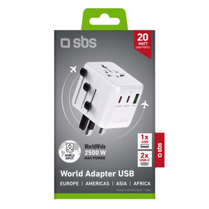 Universalus kelioninis adapteris su USB-A ir 2x USB-C P