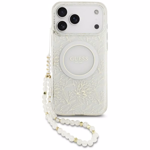 Чехол Guess IML MagSafe с цветочным рисунком, металлизированной отделкой и жемчужным ремешком для iPhone 18 Pro Max / 17 Pro Max, белый