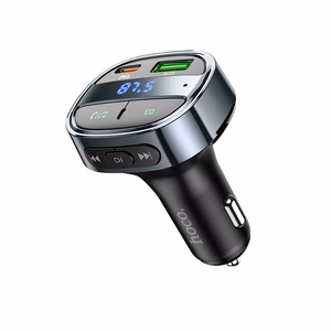 Automobilinis įkroviklis Hoco USB A + USB C PD QC3.0 5A 30W su skaitmenine indikacija + siųstuvas FM BT E70 obsidianinis juodas