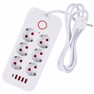 Maclean elektros paskirstytuvas, 6 lizdai + 4xUSB prailginimo laidas, 110–240 V kintama srovė, 50/60 Hz, 2,1 A, maks. 2500 W, 1,5 m, baltas, MCE389 W