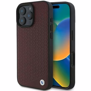 BMW Sign Leather Diamond Metal Logo MagSafe Case for iPhone 16 Pro Max - Red