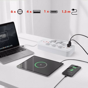 Maclean elektros paskirstytuvas, 6 lizdai + 4xUSB prailginimo laidas, 110–240 V kintama srovė, 50/60 Hz, 2,1 A, maks. 2500 W, 1,5 m, baltas, MCE389 W