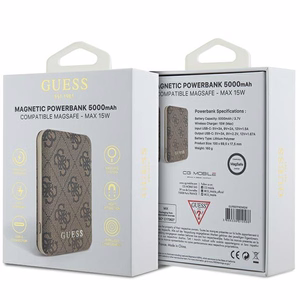 Guess indukcinė 15W GUPB5FP4EMGW 5000mAh išorinė baterija ruda/ruda 4G odinis metalinis logotipas MagSafe