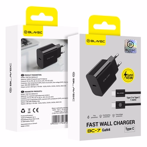 Blavec Sieninis įkroviklis BC-7 GaN4 - Type C - PD QC 45W 3A su Type C į Type C kabeliu (TCBC7G4-CB453A+CC) juodas