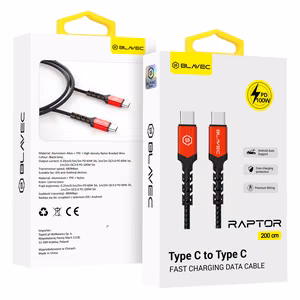 Blavec kabelis Raptor pintas - Type C į Type C - PD 100W 5A 2 metrai Apple CarPlay/Android Auto (CRA-CC5BR20) juodas-raudonas