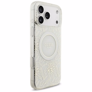 Чехол Guess IML MagSafe с цветочным рисунком, металлизированной отделкой и жемчужным ремешком для iPhone 18 Pro Max / 17 Pro Max, белый
