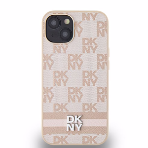 DKNY Leather Checkered Mono Pattern & Printed Stripes dėklas, skirtas iPhone 15 / 14 / 13, rožinis