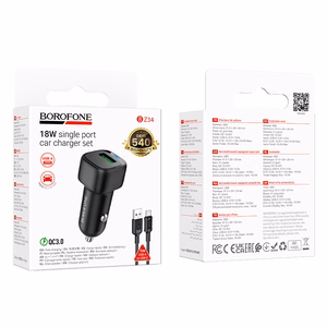 "Borofone" automobilinis įkroviklis BZ34 Cloud - USB - QC 3.0 18W su USB-C tipo kabeliu, juodas