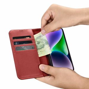 iCarer Piniginės dėklas 2in1 viršelis iPhone 14 Plus Anti-RFID odinis atverčiamas viršelis raudonas (WMI14220727-RD)