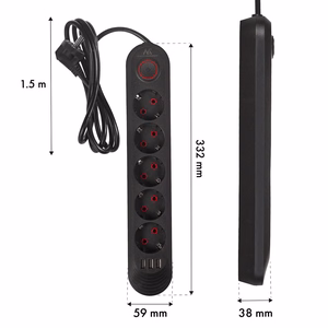Maclean elektros paskirstytuvas, 5 lizdai + 3xUSB prailginimo laidas, 110–240 V kintama srovė, 50/60 Hz, 2,1 A, maks. 2500 W, 1,5 m, juodas, MCE395 B