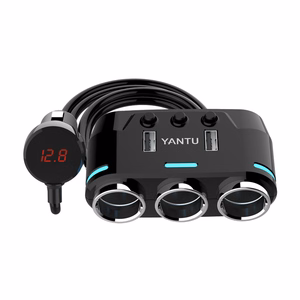 Automobilio cigarečių degiklio lizdo daliklis B39 Type C - 3 lizdai + 2xUSB - 2,1A 100W su ekranu ir laidu