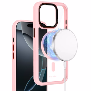 Liavec Hibridinis magnetinis skaidrus dėklas iPhone 15 Pro Max šviesiai rožinis
