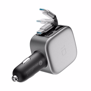 Cuktech CC903P automobilinis įkroviklis 100 W, su ekranu ir 70 cm įtraukiamu USB-C laidu – pilkas