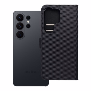 Juodas techninio audinio atverčiamas dėklas „4Card RFID Anti-Theft“, skirtas „Motorola Moto G17 Power“