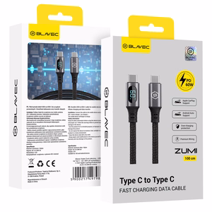 Кабель Blavec Zumi плетёный Type C — Type C PD 60W 3A LCD дисплей 1 м Apple CarPlay/Android Auto (CZU-CC3B10) чёрный