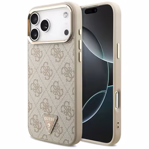Чехол Guess PU Leather 4G Strass Triangle Logo Gold Frame MagSafe для Apple iPhone 18 Pro Max, розовый