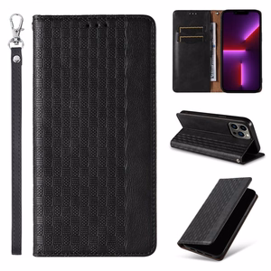 Magnetinis dirželio dėklas telefonui iPhone 14 Plus su atverčiamu dangteliu, pinigine, mini dirželiu ir stovu, juodas