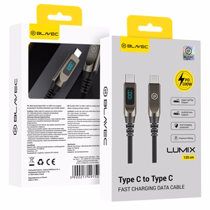 Blavec Lumix плетёный Кабель USB-C на USB-C PD 100 Вт 5A LED дисплей 1,2 м Apple CarPlay Android Auto (CLU-CC5BG12) чёрно-серый