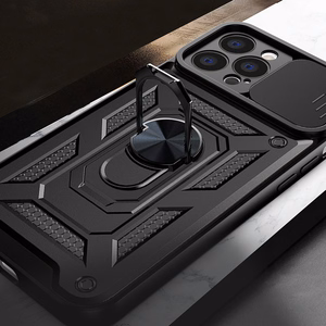 Hybrid Armor Camshield dėklas telefonui Realme 10 Pro+ šarvuotas dėklas su kameros dangteliu juodas
