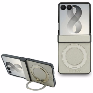 Smėlio spalvos dėklas „Guess Magnetic Ring Stand Grained Classic Logo MagSafe“, skirtas „Samsung Galaxy Z Flip8“