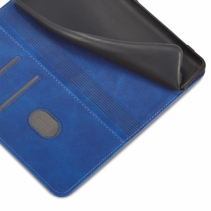 Magnetinis puošnus dėklas Samsung Galaxy S23+ su atverčiamu piniginės dangteliu ir stovu mėlyna