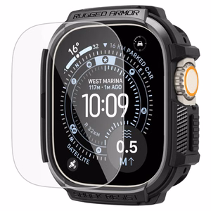 Spigen Rugged Armor dėklas ir 9H grūdintas stiklas Apple Watch Ultra 49 mm, matinis juodas