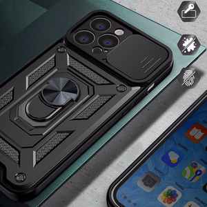 Hybrid Armor Camshield dėklas telefonui Realme 10 Pro+ šarvuotas dėklas su kameros dangteliu juodas
