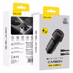 Blavec Car charger BS-03B-C Carbon - USB + Typ C -  QC 3.0 18W PD 30W z kablem Typ C na Typ C (CCBS03BC-UCB) czarna