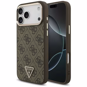 Guess PU Leather 4G Strass Triangle Logo Gold Frame MagSafe case for Apple iPhone 18 Pro Max, Brown