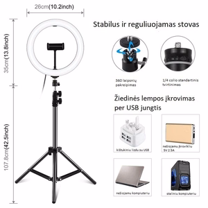 LED žiedinė lempa 26cm, su trikoju stovu iki 1.1m ir telefono laikikliu, USB