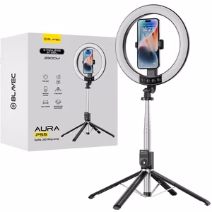 Blavec Selfie žiedo lempa Aura LED žiedas P-55 25cm trikojis + nuotolinio valdymo pultas + 2,3 metrai (RLP55-TRB23) juoda