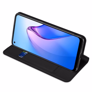 Dux Ducis Skin Pro dėklas telefonui Oppo Reno 8 su atverčiamu dangteliu, kortelių pinigine ir stovu, juodas