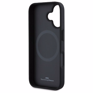 BMW ženklas odinis tekstūruotas ir linijinis magnetinis iPhone 16 dėklas - juodas