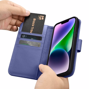 iCarer Piniginės dėklas 2in1 viršelis iPhone 14 Plus Anti-RFID odinis atverčiamas dėklas šviesiai violetinis (WMI14220727-LP)