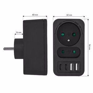 Maclean MCE249 F/B – разветвитель сетевой розетки, 2 розетки, 4 порта USB: 2×USB-A и 2×USB-C PD 20 Вт, 1×16 А + 1×6 А