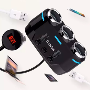 Automobilio cigarečių degiklio lizdo daliklis B39 Type C - 3 lizdai + 2xUSB - 2,1A 100W su ekranu ir laidu