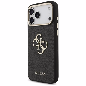 Guess PU Leather 4G Metal Logo Gold Frame case for Apple iPhone 18 Pro Max, Black