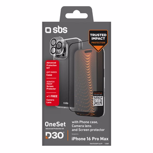 SBS set with D3O technology for iPhone 16 Pro Max - case + glass screen and camera protector - transparent