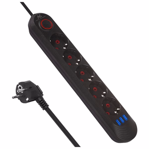 Maclean elektros paskirstytuvas, 5 lizdai + 3xUSB prailginimo laidas, 110–240 V kintama srovė, 50/60 Hz, 2,1 A, maks. 2500 W, 1,5 m, juodas, MCE395 B