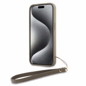 DKNY Dėklas telefonui su dirželiu ir logotipu iPhone 15 Plus - smėlio spalvos