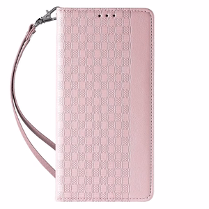 Magnetinis dirželio dėklas telefonui iPhone 14 Plus su atverčiamu dangteliu, pinigine, mini dirželiu ir stovu, rožinis