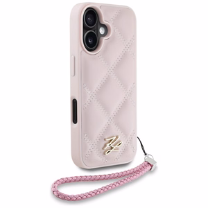 Karl Lagerfeld dygsniuotas pradinis logotipas ir grandinės dirželis dėklas telefonui iPhone 16 - rožinė