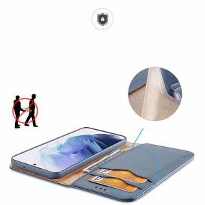 Dux Ducis Hivo odinis atverčiamas dėklas natūralios odos piniginė kortelėms ir dokumentams Samsung Galaxy S22 + (S22 Plus) mėlynas